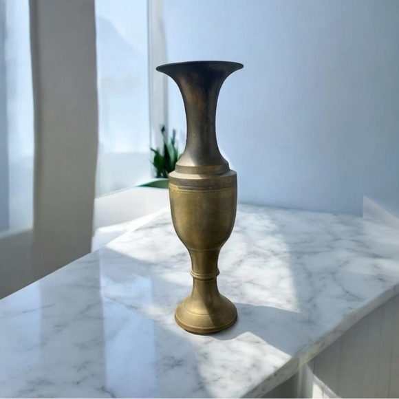Other - VTG Brass Vase Fluted Neck Tall Patina Charm MCM India Heirloom Elegance Accents